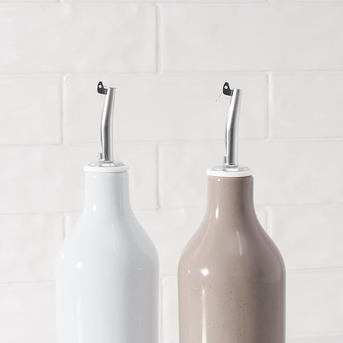 famiware Milkyway 16oz Ceramic Olive Oil Dispenser Bottle, Olive Oil and Vinegar Dispenser Bottle Set of 2 with Stainless Steel Pourers, Suitable for Storage Liquids, Light Gray and Cinnamon Brown