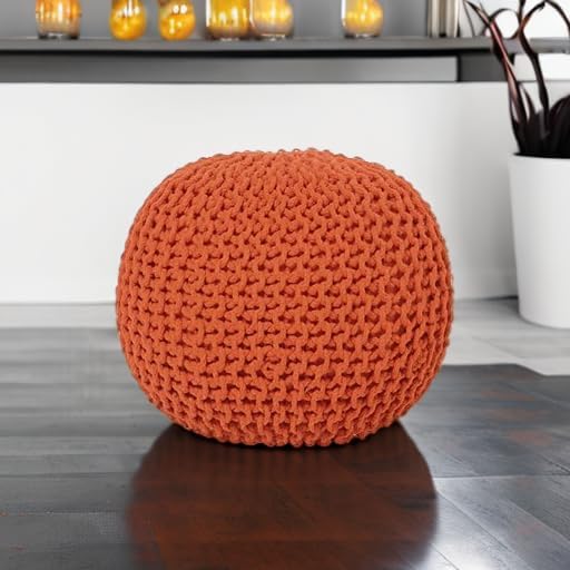 REDEARTH Round Pouf Ottoman - Hand Knitted Cable Boho Poof - Pouffe Circular Footrest for Living Room - Bedroom - Patio - 100% Cotton (19.5"x19.5"x14") - Burnt Orange