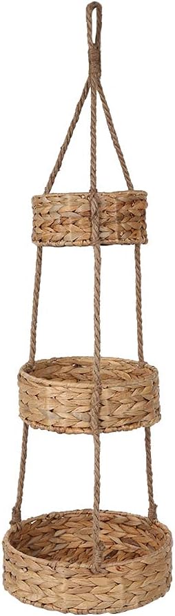 KINGWILLOW 3 Tier Hanging Fruit Basket, Handmade Natural Water Hyacinth Wall Vegetable Storage Baskets, Space Saver for Kitchen Organizing Plant Holder
