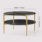 Round Coffee Table for Living Room, Mid-Century Modern Design, D30 x H17, 2-Tier Structure, Grey Glass Top and Black Marble Finish Wood Shelf, Sleek Conical Metal Legs with Gold Finish Frame
