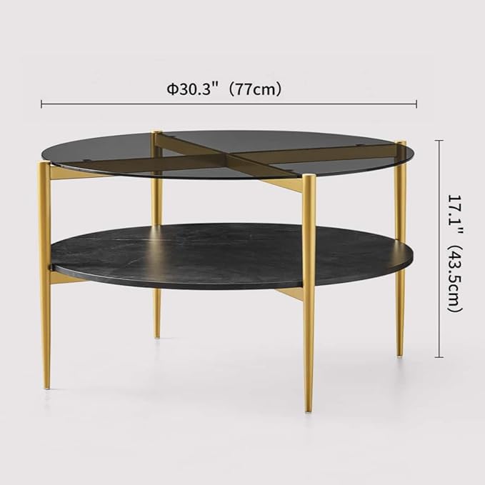 Round Coffee Table for Living Room, Mid-Century Modern Design, D30 x H17, 2-Tier Structure, Grey Glass Top and Black Marble Finish Wood Shelf, Sleek Conical Metal Legs with Gold Finish Frame