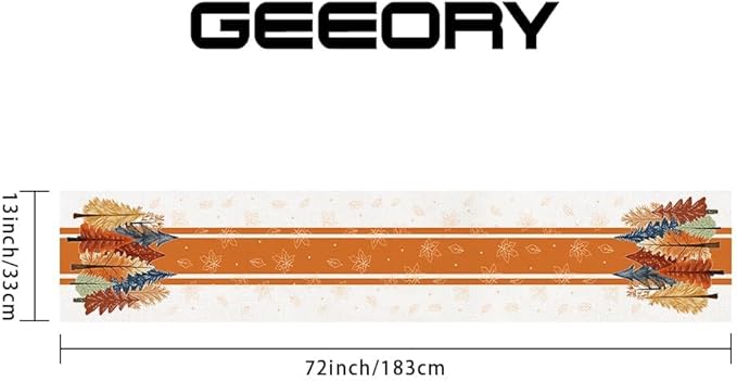 GEEORY Fall Watercolor Trees & Maple Leaves Striped Table Runner 13x72 Inch, Rustic Farmhouse Autumn Thanksgiving Decor for Kitchen, Dining, Indoor/Outdoor Holiday Dinner Party Orange GT157-72