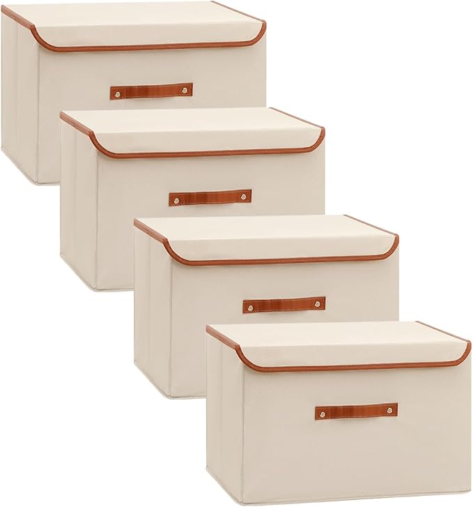 Tuza 4 Pack Large Fabric Storage Bins with Lids, Foldable Storage Boxes with Lids for Organizing, Decorative Storage Boxes with Handles for Home, Bedroom, Closet, Office(Khaki, Large)