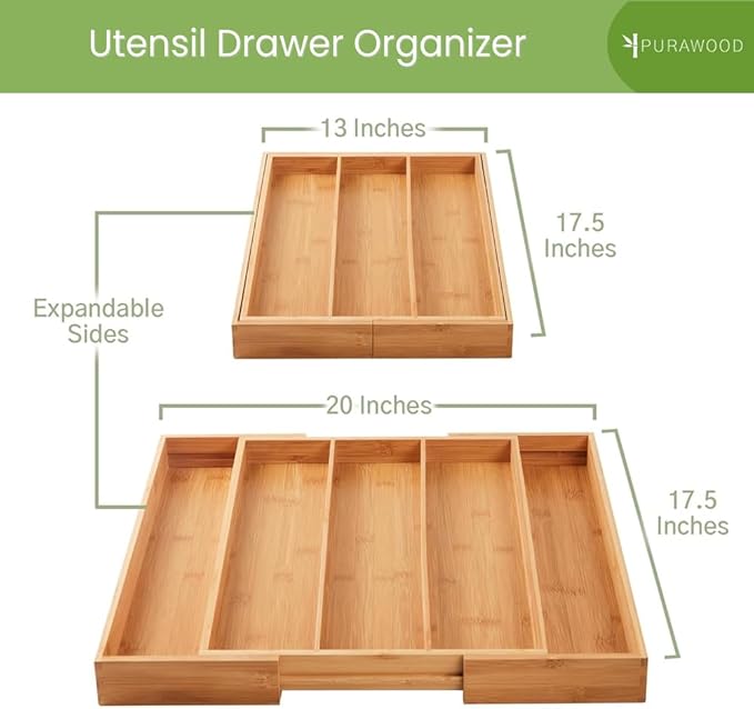Bamboo Drawer Organizer, 2 Pack - Expandable Silverware Organizer & Utensil Drawer Organizer, Cutlery Tray with Dividers, 7-9 Slots - Premium Kitchen Organizer for Utensils & Flatware (Natural)