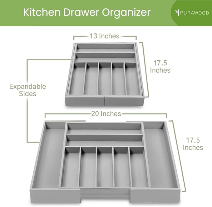 Purawood Bamboo Drawer Organizer - Expandable Silverware Organizer & Utensil Organizer, Cutlery Tray with Dividers, 7-9 Slots - Premium Kitchen Drawer Organizer for Utensils & Flatware (Grey)