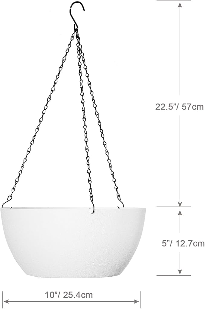 10 inch Hanging Planters for Outdoor Indoor Plants with Drainage Holes and Chain, 2 Pack Round Hanging Flower Plant Pots for Garden Home Porch Decor, White