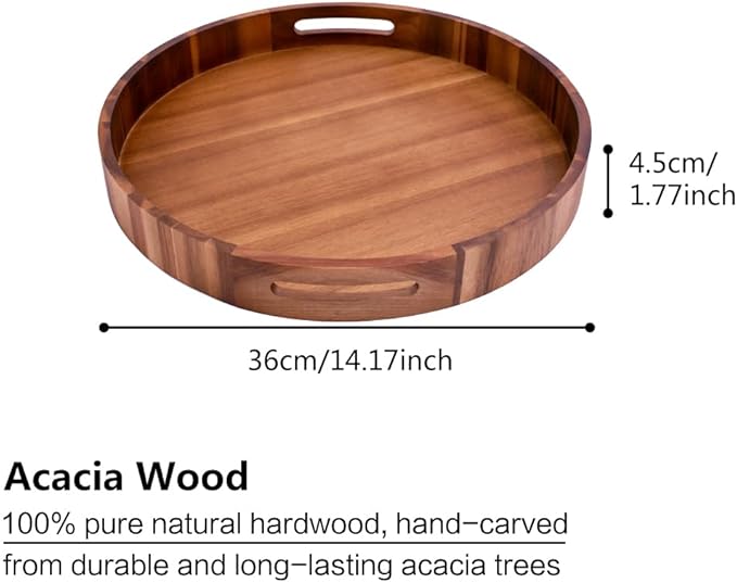 Large Round Wood Serving Tray, Wooden Trays with Handles for Ottoman Table, Vintage Acacia Tray Circle Wood Tray for Indoor Outdoor Organization and Decoration, Including 4 Round Wooden Coasters