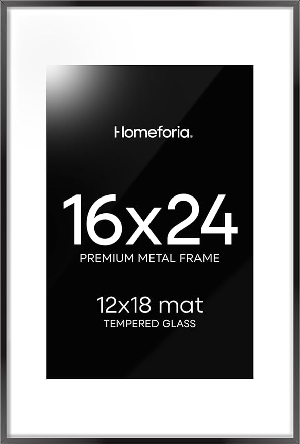 Homeforia 16 x 24 Picture Frame Black, High End Metal 24x16 Poster Frame, 16 x 24 Black Frames Matted to 12 by 18 inch Print, 24by16 Thin Frame with Mat 12x18 Photo, Tempered Glass, Wall Kit, Set of 1