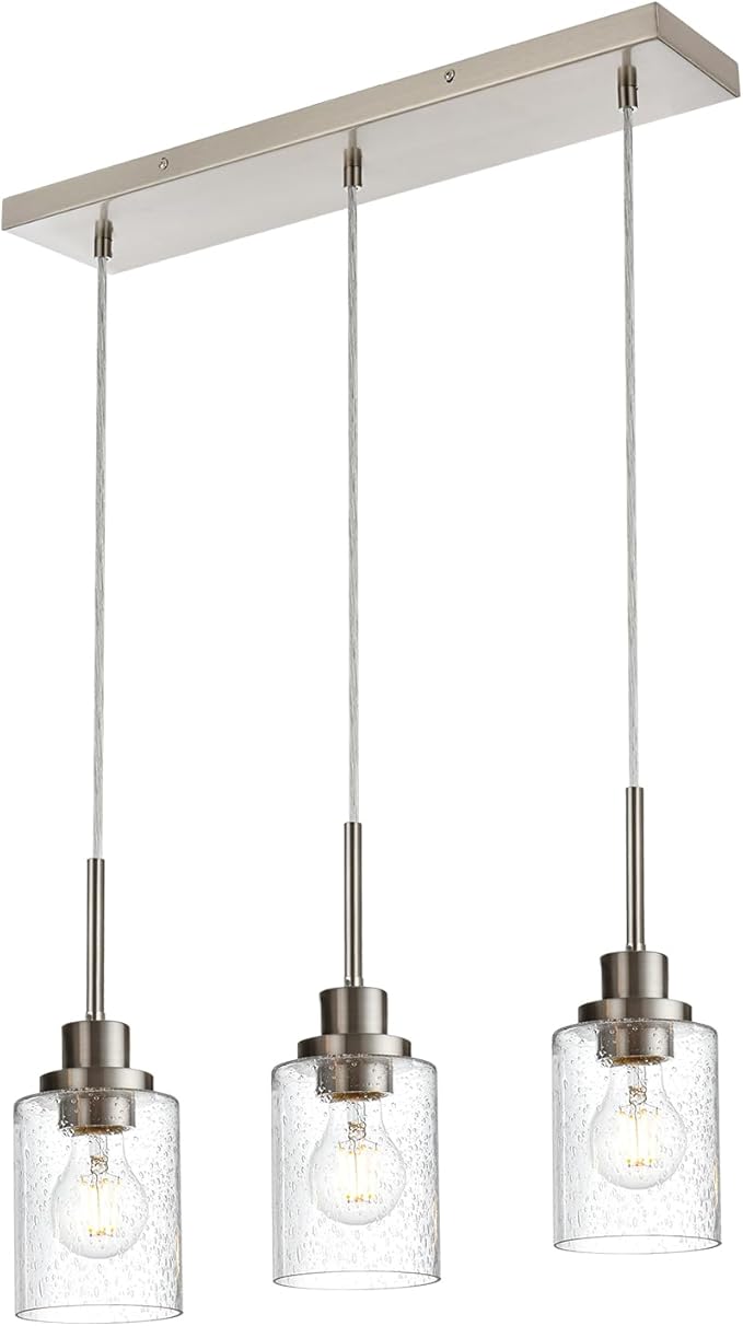 3-Light Farmhouse Chandelier Light Fixture Brushed Nickel Clear Seeded Glass Dining Room Hanging Modern Pendant Lighting Over Table,Traditional Ceiling Lights for Kitchen Island Entryway