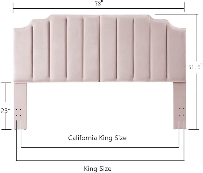 24KF Pink Velvet Tufted King Upholstered Headboard, Modern Vertical Channel Design California King Headboard with Stepped Silhouette Top Edge, Pink