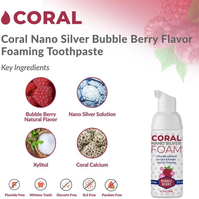 Coral Nano Silver Kids Fluoride Free Foaming Bubble Berry Coral Calcium Toothpaste, Natural Formula, SLS and Glycerin Free - 4 Ounce