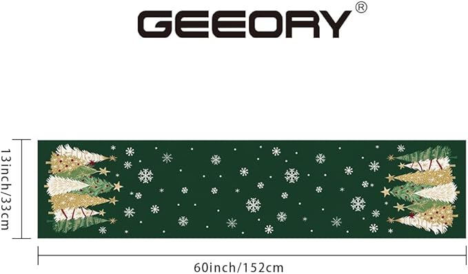 GEEORY Christmas Table Runner 13x60 Inch, Xmas Trees Snowflakes Holiday Decorative Farmhouse Table Decoration for Kitchen Dinning, Indoor Outdoor Dinner Party Decor (Green) GT152-60