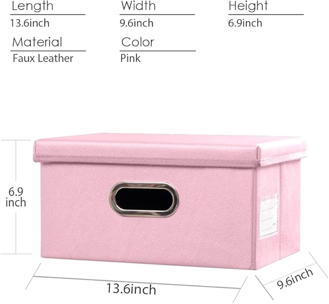PRANDOM Collapsible Storage Box with Lid [3-Pack] Leather Fabric Foldable Storage Bin Organizer Container Basket Cube with Cover for Home Bedroom Closet Office Nursery Pink(13.6x9.6x6.9)