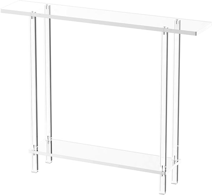 Acrylic Narrow Console Table for Entryway, 7.6" D x 39.4" W x 31.5" H, Square Legs, Skinny Entry Table for Sofa, Foyer, Hallway, Living Room, Modern, 2-Tier, Clear