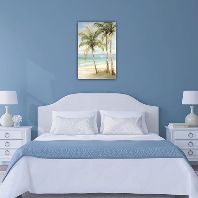 LURENCZH Tropical Beach Canvas Wall Art Seaside Palm Tree Picture Wall Decor Ocean Scenery Painting Prints for Bathroom Decor Framed(Beach-3,20.00" x 30.00")