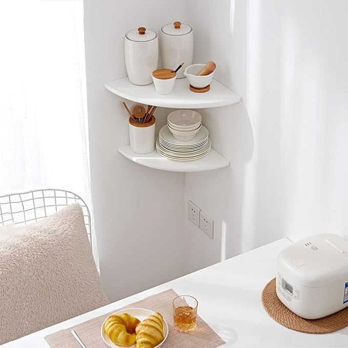 Corner Shelf, Solid Oak Wood Floating Corner Shelf Wall Mount Round End Floating Speaker with Wire Hole for Small Plant Photo for Bedroom Kitchen, Living Room White