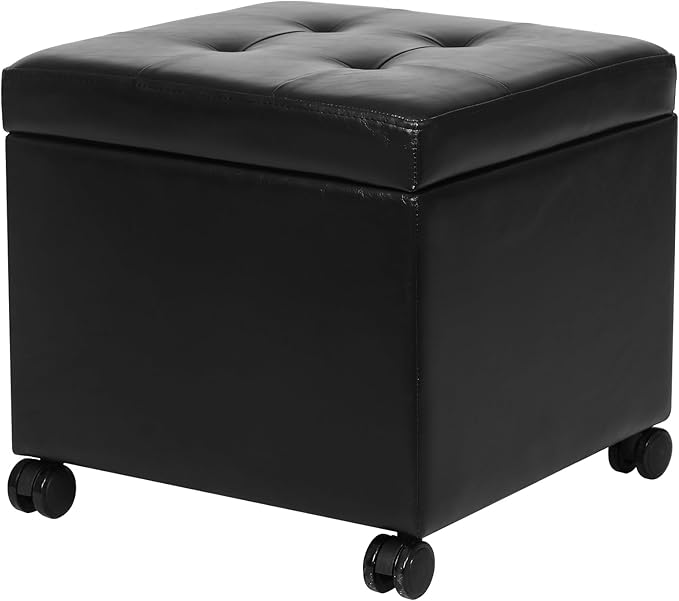 Adeco 17.7" Leather Ottoman with Wheels, Black Square Rolling Ottoman with Storage, Upholstered Button Tufted Vanity Stool with Hinged Lid for Living Room, Bedroom, Dorm