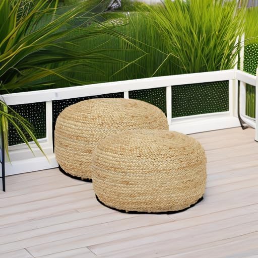 REDEARTH · Jute Circular Low Pouf Ottoman - Braided Pouffe Accent Sitting Round Footrest for Living Room, Bedroom, Nursery, kidsroom, Patio, Gym; 100% Jute Set of 2 (18"x18"x10"; Natural)