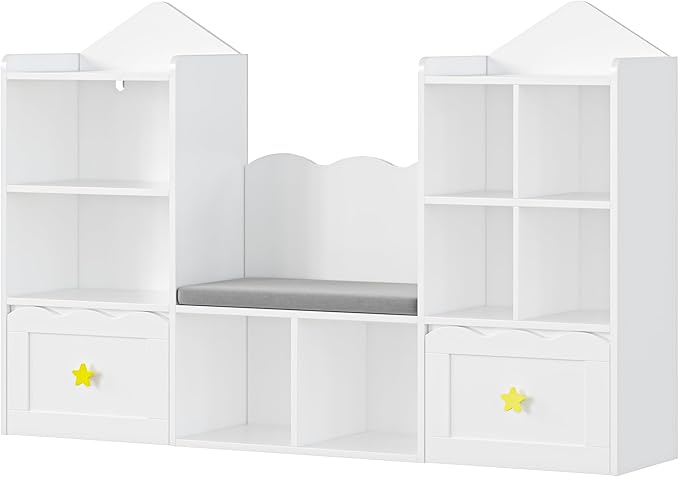 Kids Bookshelf with Reading Nook, Kids Bookcase with Soft Cushion Seat, 2 Wheels Drawers and 8 Storage Cubbies, Toy Storage Organizer for Kid's Room Playroom, Bedroom, School, White
