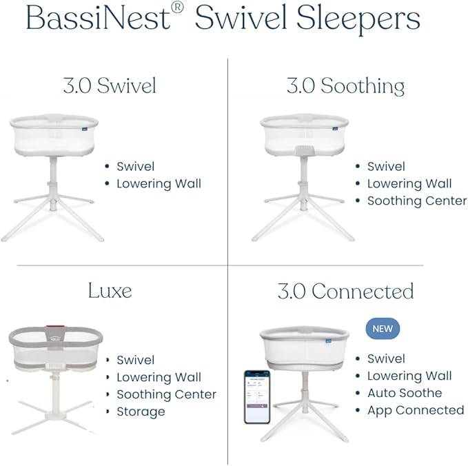 HALO BassiNest Soothing Swivel Sleeper 3.0S – Over-Bed Baby Bassinet with 360 Rotation, Adjustable Height, Breathable Mesh, Calm Sounds & Vibrations, Safe Close Sleeping, Lowering Wall for Easy Access