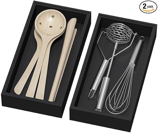 Bamboo Drawer Organizer, Cutlery Silverware Organizer for Kitchen Drawer, Stackable Utensil Organizer, 2 Pcs Flatware Organizer, Wooden Storage Box Tray (Black, 12 X 6 X 2 Inch)