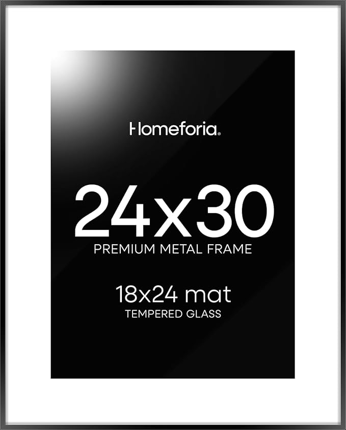 Homeforia 24x30 Poster Frame Black, High End Metal 24 x 30 Picture Frames with Mat 18 by 24 inches Photo, 24x30 Black Frame Matted to 18x24 Print, 30x24 Large Frame, Tempered Glass, Wall Kit, Set of 1