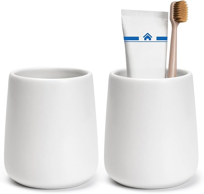 Bathroom Tumbler Cup Ceramic 2Pcs 13.5oz Reusable Toothbrush Cup 400ml, Toothbrush Holder Adequate for Your Bathroom (White)