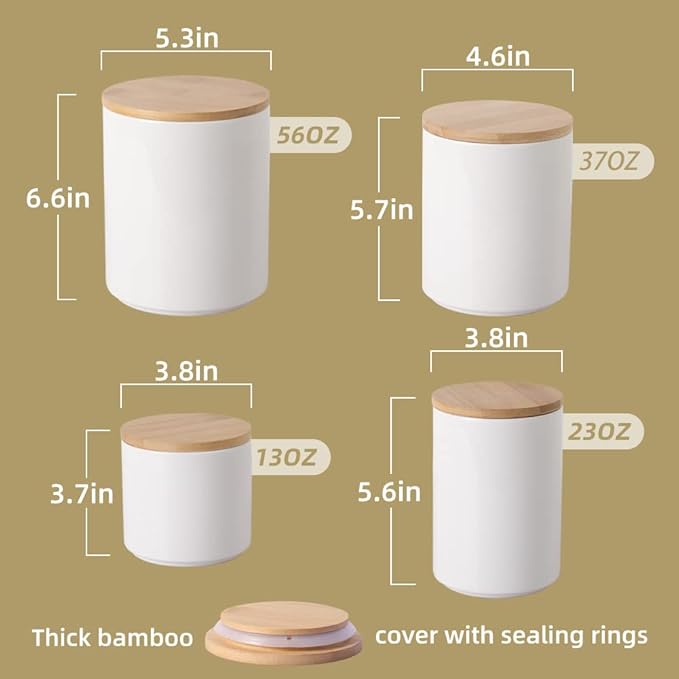 Sweejar Ceramic Kitchen Canister Sets, Porcelain Container for Countertop, Heavy Food Storage Jars with Airthight Seal Bamboo Lid, Servering for Sugar, Coffee Beans, Tea Leaves, Pack of 4（White）