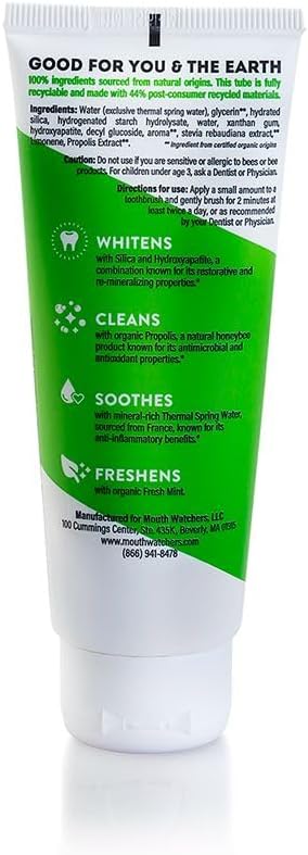 MOUTHWATCHERS Whitening Fluoride Free Naturally Sourced Toothpaste, 3 oz Tube, for Sensitive Teeth and Gums, Fresh Organic Mint and Propolis, by Dr. Plotka's