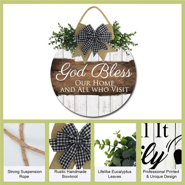 FemiaD God Bless This Home and All Who Enter Sign for Front Door Funny Wreaths Hanging Wooden Plaque Decoration Round Rustic Wood Farmhouse Porch Decor for Home Front Door Decor 11inch