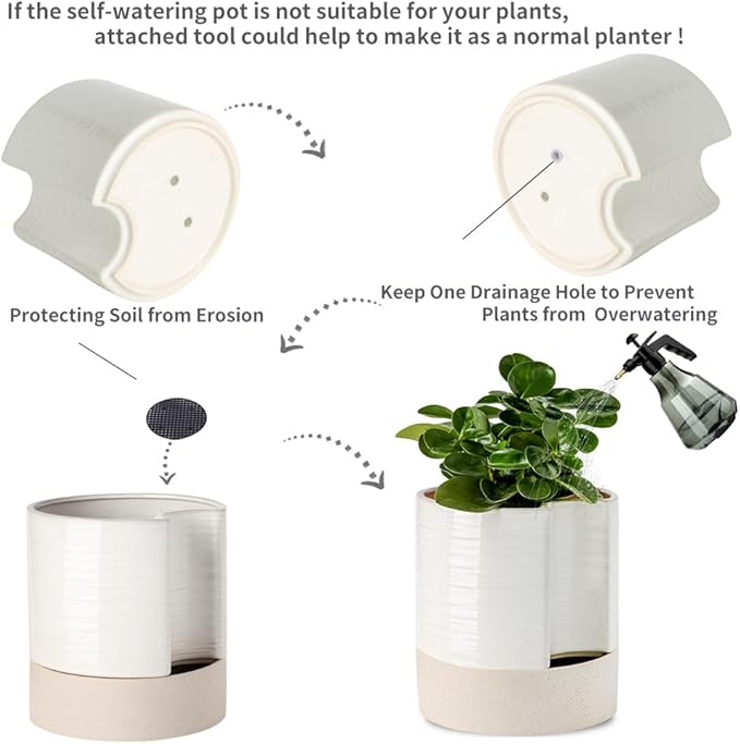 Nihow Self Watering Plant Pot: 8 Inch Ceramic Planter with Drainage Hole & Water Storage Plus for Indoor & Outdoor Plants - Cylinder Round Flower Pot for Succulent/Herbs/Violets - Cream White & Brown