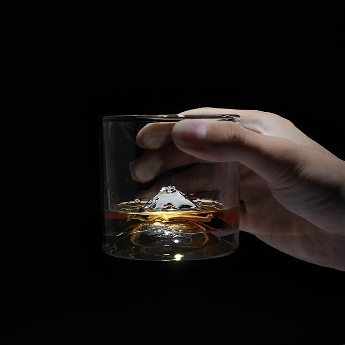 Mount Fuji Heavy Crystal Whiskey Glasses Gift Set of 2, Thick Freezable Bourbon Glass 1lb Each, Premium Whiskey Gifts for Men, Frozen Crystal Chills Cocktails, 10 oz