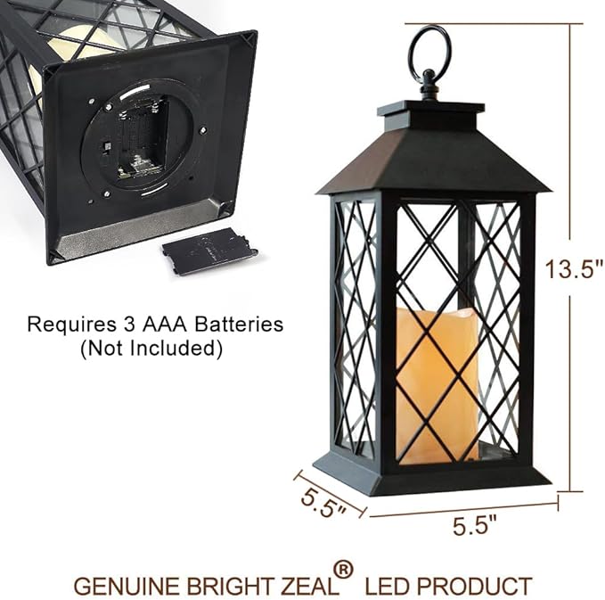 Bright Zeal 2-Pack 13.5" Vintage Candle Lantern with LED Pillar Candle (Black, 6hr Timer) - IP44 Waterproof Battery Powered Candle Lantern - Outdoor Patio Hanging Lantern Decorative Tabletop Lantern