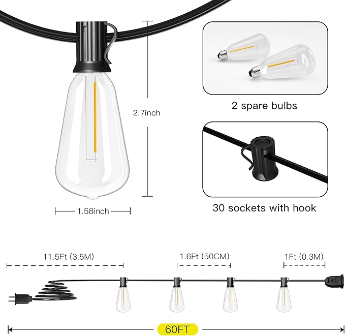 OHLUX Bistro String Lights Outdoor, 60FT Deck Lights with 32 Shatterproof ST38 Vintage Edison Bulbs, 2200K Warm Dimmable Connectable LED Light String for Outside Porch Yard Gazebos Balcony Garden