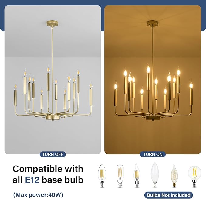 Modern Gold Farmhouse Chandeliers, 12-Light Industrial Metal Chandelier Lighting, Classic Candle Hanging Pendant Light Fixtures for Kitchen, Dining Room, Living Room, Entryway