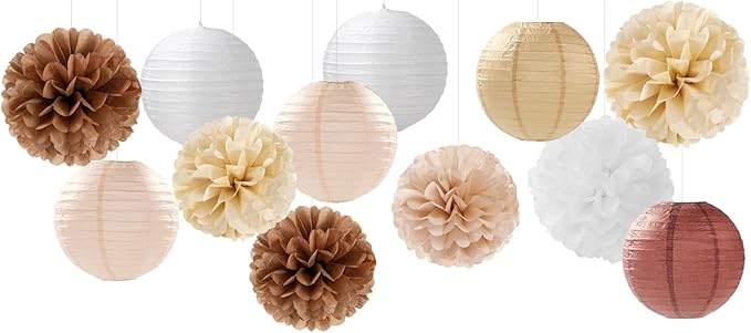 Boho Rustic Wedding Party-Decorations Paper Flowers Lanterns - 15PCS Fall Baby Shower Gender Neutral Streamers,Brown Champagne White Tissue Pom Poms,Autumn Birthday Bridal Decor Hugfond