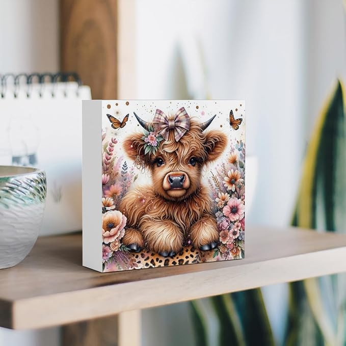 Highland Cow Baby Decor, Highland Cow Decor, Highland Cow Gifts for women, Highland Cow Nursery Decor, Gifts for Girls, Wooden Box Decor Sign for Home Farmhouse Office Living Room Table Shelf Tiered
