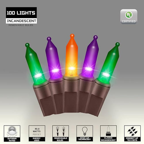 100LIGHTS Orange Purple and Green Extra-Bright with End Connectors Halloween Decorative Lights 5.98m UL Certified Mini String Light Set Waterproof for Halloween Home Garden Tree Party Patio