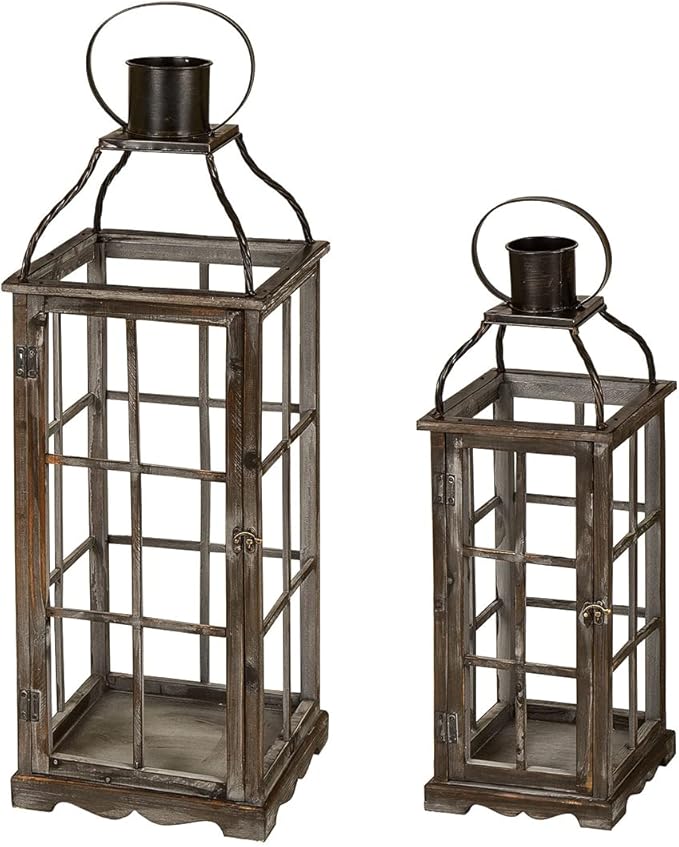 Glitzhome Farmhouse Oversized Wood Metal Lanterns Decorative Hanging Candle Lanterns Set of 2, Black (No Glass)