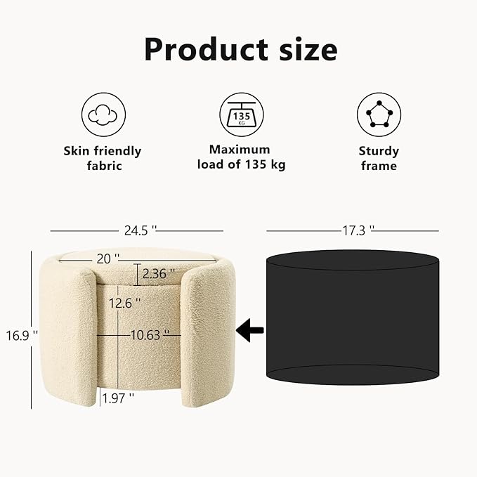 Furniliving Upholstered Button Tufted Round Ottoman, Ottoman with Storage, Teddy Footrest Stool, Removable Lid Convenient Footstools, Bedroom Ottomans with Storage for Vanity, Living Room, Beige
