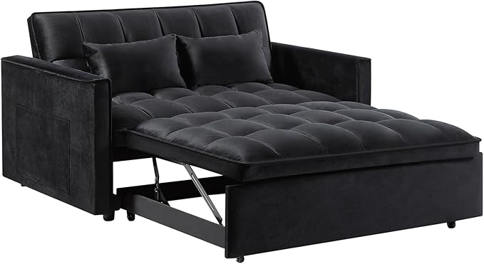 3 in 1 Convertible Sleeper Sofa Bed,Futon Loveseat Couch with Pull-Out Bed & Adjustable Backrest,Velvet Fabric Sofa with Side Pocket for Small Apartment, Living Room, Office (Black)