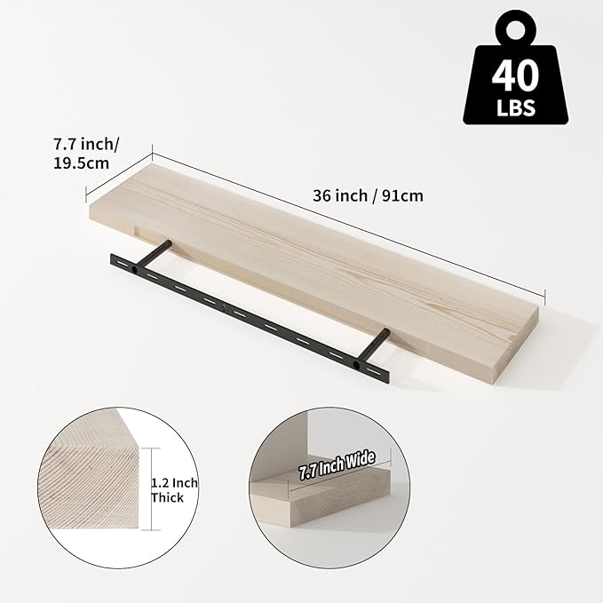SAUMONIERES Floating Shelves 8 Inch Deep Solid Wood Wide Wall Shelf Set of 2 Wall Mounted for Bedroom Bathroom Living Room Kitchen, 36 Inch Natural