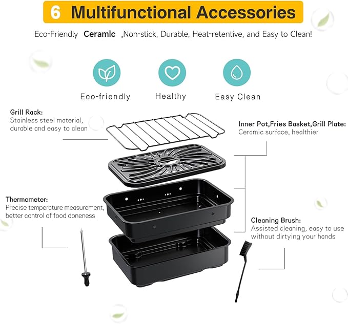 Indoor Grill and Air Fryer Combo with Ceramic Accessories, 7-IN-1 Digital Display, 5.2 QT Electric Smokeless, 500°F Max, Large View Window, Roast, Bake & Dehydrate, Adjustable Temps, Easy Clean