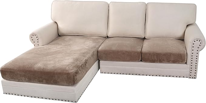 H.VERSAILTEX Velvet Stretch Sectional Couch Covers 3 Pieces Sofa Seat Cushion Covers L Shape Separate Cushion Couch Cover for Both Left/Right Sectional Couch (Large Sofa 2 Seater + 1 Chaise, Taupe)