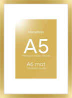 Homeforia A5 Picture Frame Gold, High End Metal 5.8 x 8.3 Frames Matted to 4.1 by 5.8 inch Photo, A5 Frame with Mat A6, 5.8x8.3 Poster Frames, 8.3x5.8 Display Frame, Tempered Glass, Wall Kit, Set of 1