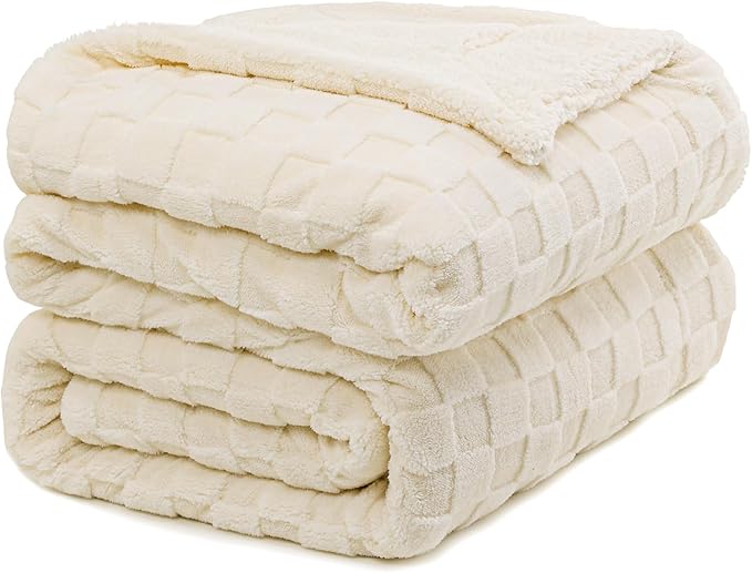 Pawque Super Soft Cozy Throw Blanket King Size for Couch Bed, Fluffy Sherpa Fleece Reversible Thick Warm Fuzzy Blanket for All-Season, 3D Checkered Jacquard Decorative Blankets, Cream White, 108"x90"