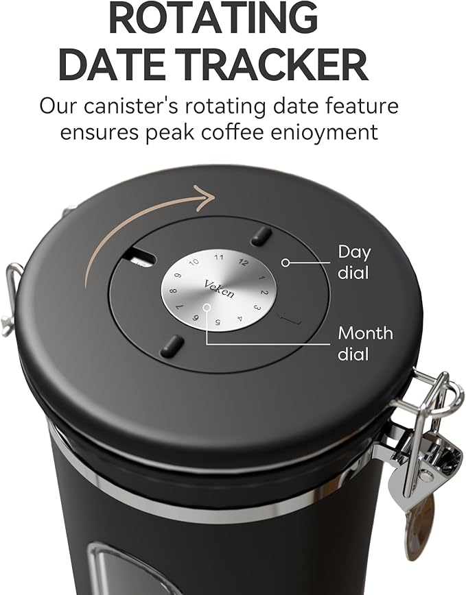 Veken Large Coffee Canister with Window, Rice Kitchen Food Storage Airtight Stainless Steel Container with Lids, Date Tracker and Scoop, Grounds, Beans, Tea, Flour, Cereal, Sugar Jars, 38oz, Black