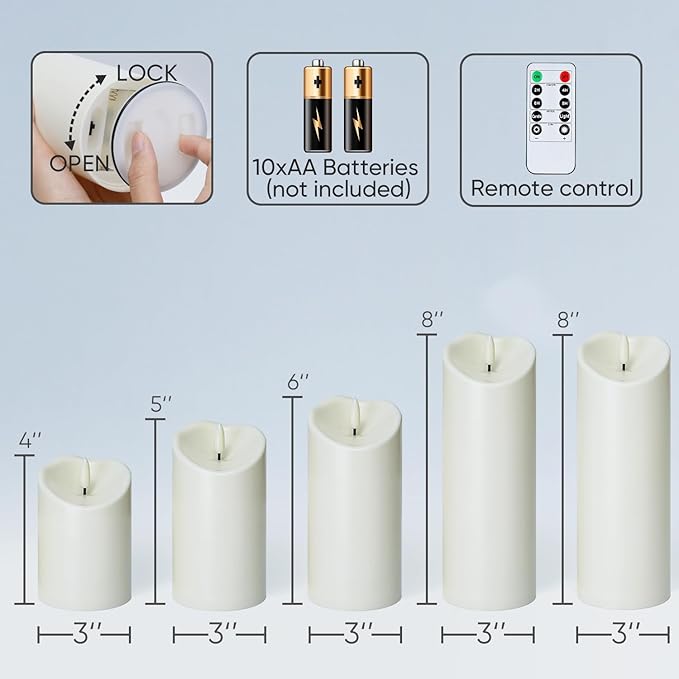 Homemory Outdoor Waterproof Flameless Candles, LED Candles, Battery Operated Candles with Remote and Timers, Electric Fake Plastic Pillar Candles, Ivory White, D3 H4 5" 6" 8" 8", Set of 5