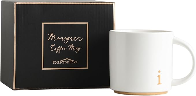 COLLECTIVE HOME - Monogram Ceramic Mugs, 15 oz Golden Initial Coffee Cups, Elegant Alphabet Tea Mugs, Elegant Personalized Mug with Gift Box, Luxurious Cups for Office and Home (i)