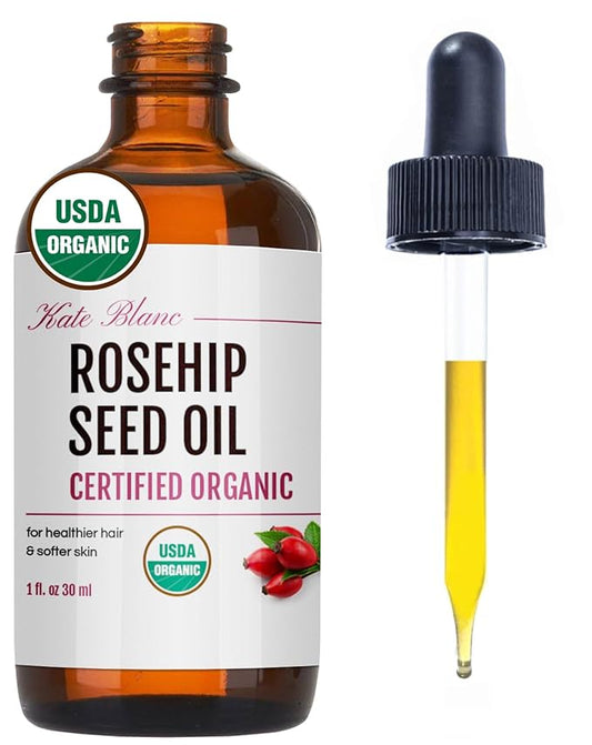 Kate Blanc Cosmetics Rosehip Oil for Face & Softer Glowing Skin (1oz, Organic, Pure, Cold Pressed) Rosehip Seed Face Oil for Facial & Gua Sha Massage